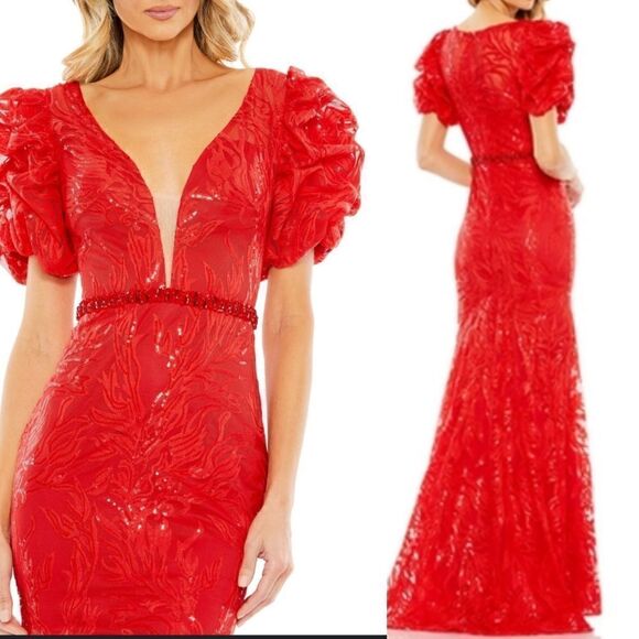 $798 NEW SZ 14 RED MAC DUGGAL embellished sexy puff trumpet gown dress NWT - Picture 1 of 6